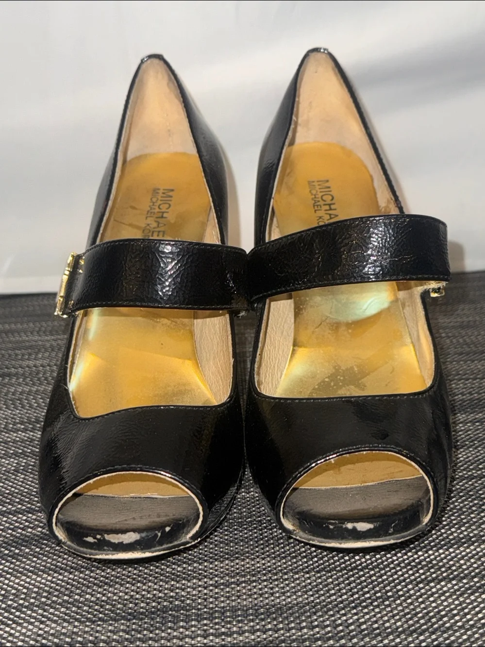 Michael Kors Chandler Mary Jane Peep Toe Heels Black Patent Leather